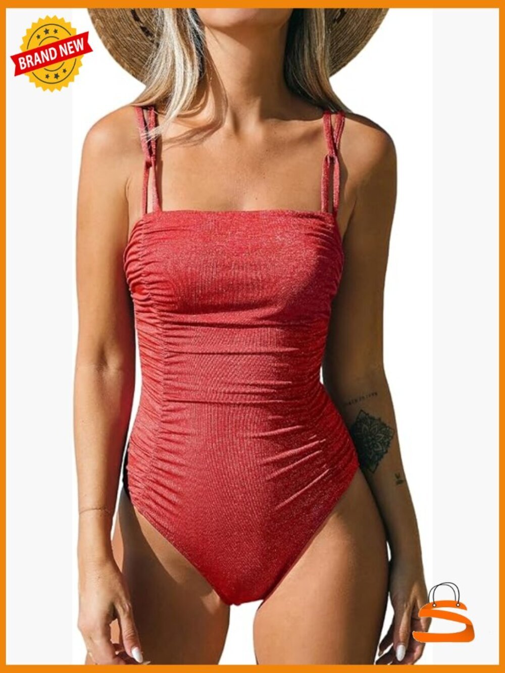 One Piece Swimsuit Square Neck Tummy Control Ruched Adjustable Straps